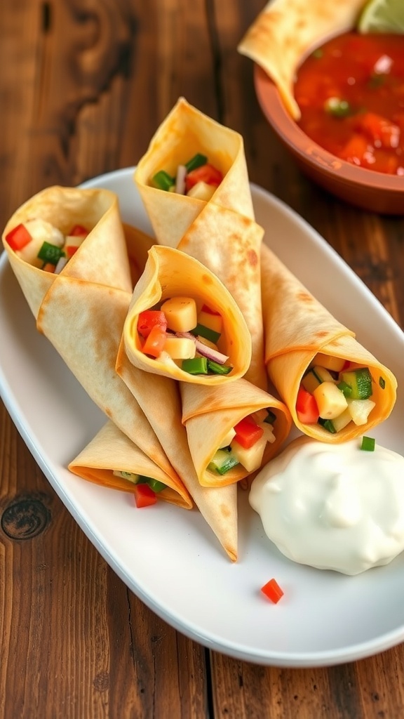 Crispy quesadilla cones filled with cheese and vegetables, served with salsa and sour cream on a wooden table.